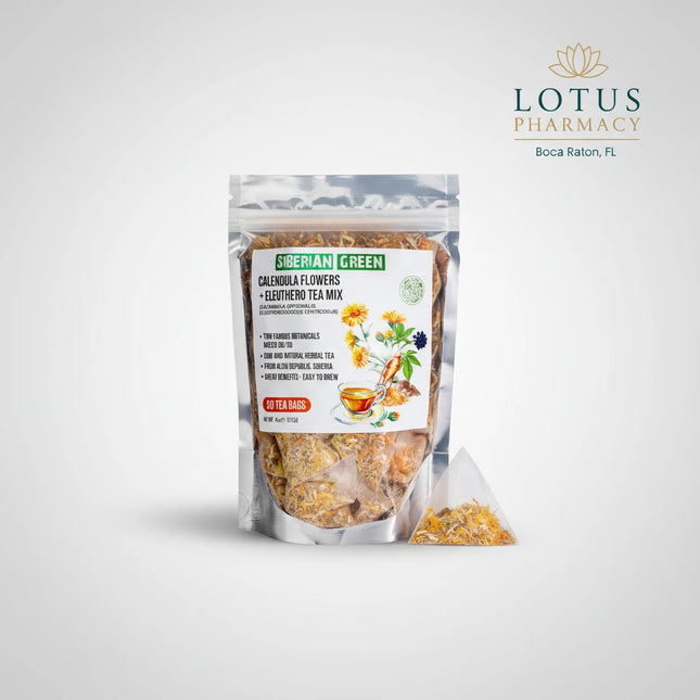 Siberian Green Eleuthero Root &amp; Calendula Flower Tea is a naturally caffeine-free herbal blend combining Eleuthero root (Siberian ginseng) with soothing Calendula flowers.
