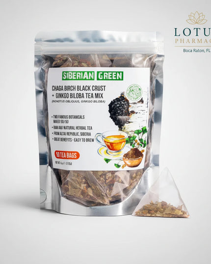 This revitalizing Siberian herbal tea blends Ginkgo Biloba, known for supporting memory, focus, and circulation, with wild Chaga mushroom, a powerful antioxidant and immune-supporting adaptogen.