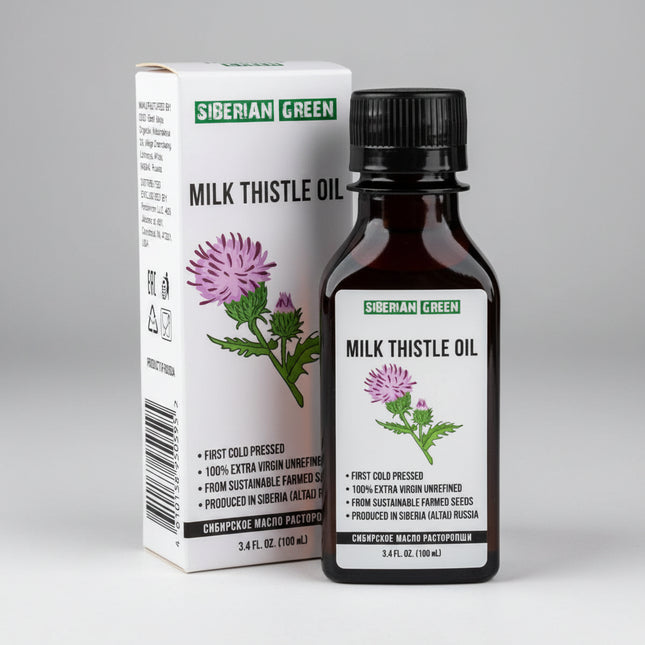 Siberian Green Milk Thistle Oil is a premium 100% natural, extra virgin, cold-pressed and unrefined oil produced from Siberian milk thistle seeds sourced from the Altai region of Siberia.

Cold pressing helps preserve the oil's naturally occurring fatty acids and plant compounds without the high heat associated with conventional refining. The manufacturer highlights its naturally occurring omega-6 and omega-9 fatty acids and milk thistle's characteristic plant compounds.