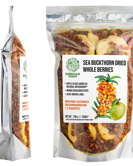 Siberian Green Sea Buckthorn Berries with Apple Slices is a naturally tart-and-sweet superfood blend made with wild-harvested Siberian sea buckthorn berries and dried apple slices. The berries are sourced from the Altai region of Siberia and are naturally rich in plant compounds, including carotenoids, flavonoids, polyphenols, and naturally occurring fatty acids such as omega-3, omega-6, omega-7, and omega-9.

The addition of apple slices gives the blend a milder, naturally sweet flavor and makes it easy to