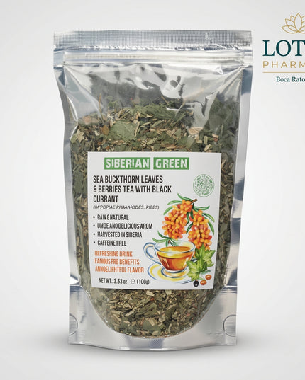 Experience the pure essence of Siberian nature with Siberian Green Sea Buckthorn Tea, enriched with black currant leaves for extra antioxidant power and a smooth, refreshing flavor.
Sourced from the pristine Altai Mountains, this tea is made from wild-harvested sea buckthorn leaves, berries, and stems, offering a mildly tart, earthy aroma and a wealth of natural vitamins and minerals.
Caffeine-free and 100% natural, it’s the perfect daily brew for vitality, immunity, and balance.
