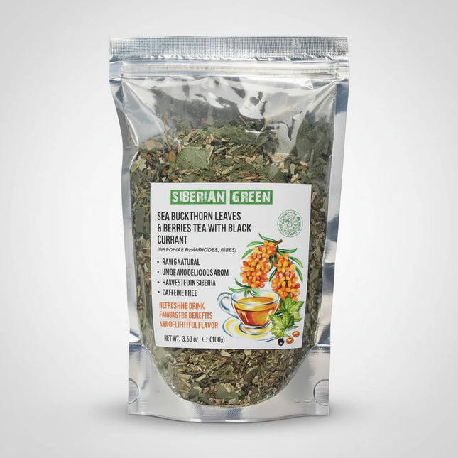Experience the pure essence of Siberian nature with Siberian Green Sea Buckthorn Tea, enriched with black currant leaves for extra antioxidant power and a smooth, refreshing flavor.
Sourced from the pristine Altai Mountains, this tea is made from wild-harvested sea buckthorn leaves, berries, and stems, offering a mildly tart, earthy aroma and a wealth of natural vitamins and minerals.
Caffeine-free and 100% natural, it’s the perfect daily brew for vitality, immunity, and balance.
