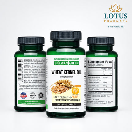 Siberian Green Wheat Kernel Oil Capsules are made from wildcrafted wheat kernels harvested in the Altai region of Siberia. The oil is cold-pressed and unrefined to help preserve its naturally occurring fatty acids and nutrients. Each bottle contains 200 softgels for convenient daily use.