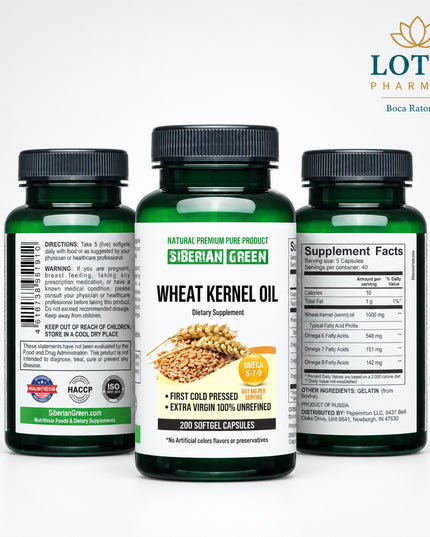 Siberian Green Wheat Kernel Oil Capsules are made from wildcrafted wheat kernels harvested in the Altai region of Siberia. The oil is cold-pressed and unrefined to help preserve its naturally occurring fatty acids and nutrients. Each bottle contains 200 softgels for convenient daily use.
