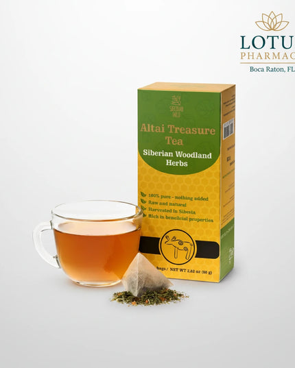 Siberian Wild Altai Treasure Tea is a premium herbal blend crafted from hand-picked Altai and Siberian woodland herbs, known for their purity, vitality, and natural healing properties.
