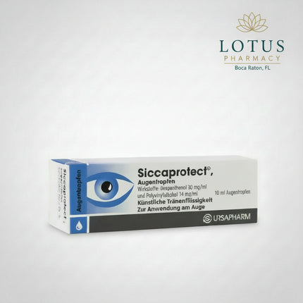 Siccaprotect is a German lubricating eye drop formulated to relieve dryness and irritation of the cornea and conjunctiva caused by reduced tear production. It can also be used when the eyelids do not close completely and for re-wetting hard contact lenses during wear.

The formula combines dexpanthenol, which supports the surface tissues of the eye, with polyvinyl alcohol, which helps form a longer-lasting protective moisture film. Each bottle contains 10 mL of clear, colorless eye drops.
