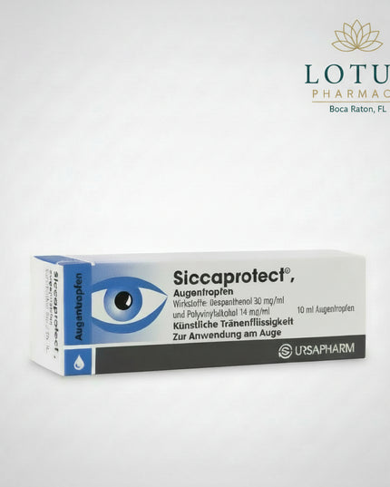 Siccaprotect is a German lubricating eye drop formulated to relieve dryness and irritation of the cornea and conjunctiva caused by reduced tear production. It can also be used when the eyelids do not close completely and for re-wetting hard contact lenses during wear.

The formula combines dexpanthenol, which supports the surface tissues of the eye, with polyvinyl alcohol, which helps form a longer-lasting protective moisture film. Each bottle contains 10 mL of clear, colorless eye drops.