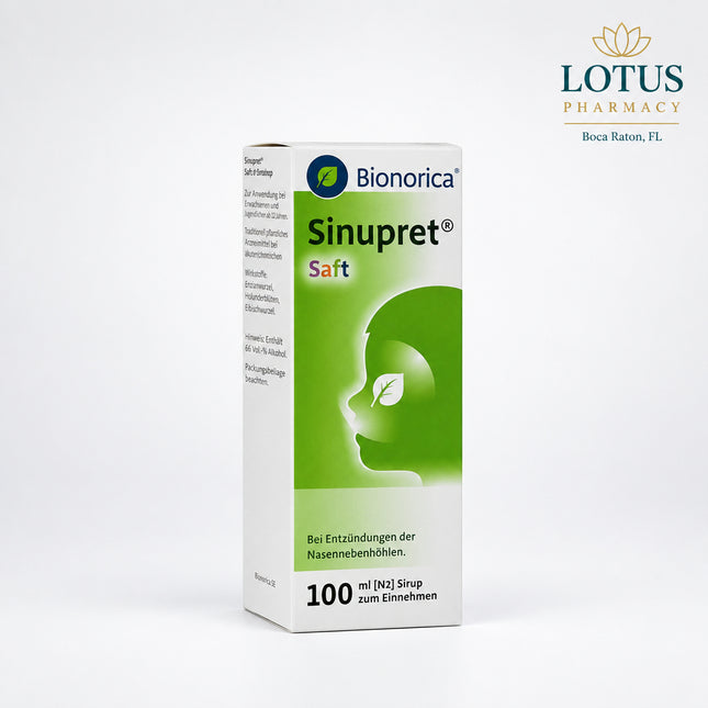 Sinupret Syrup is a herbal medicinal product used for acute and chronic inflammation of the paranasal sinuses, particularly when symptoms include nasal congestion, thick mucus, sinus pressure, and difficulty clearing secretions. It contains a standardized combination of five medicinal plants used to support mucus clearance and respiratory comfort.