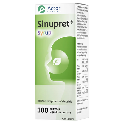 Box of Sinupret Syrup by Actor Pharma on a white background
