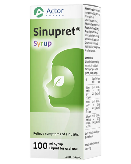 Box of Sinupret Syrup by Actor Pharma on a white background