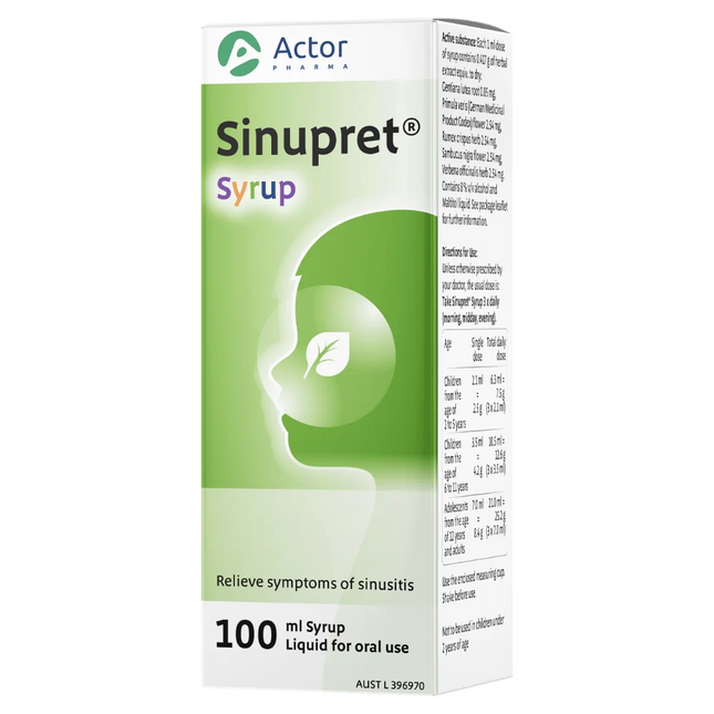 Box of Sinupret Syrup by Actor Pharma on a white background