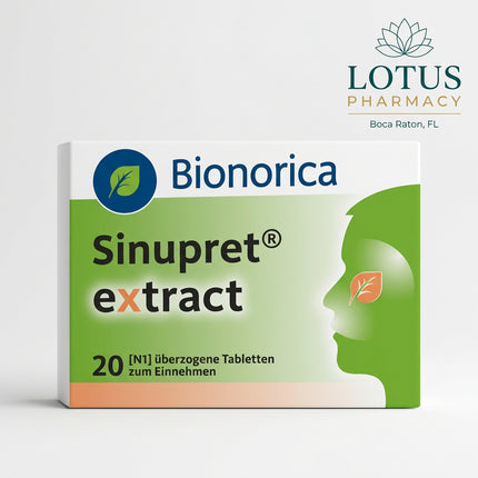 Sinupret® eXtract is a German herbal medicine used for acute, uncomplicated inflammation of the paranasal sinuses (acute rhinosinusitis) with symptoms such as a stuffy or runny nose, sinus pressure, headache, and facial pain or pressure.

It contains a concentrated dry extract from five medicinal plants: gentian root, primrose flowers, sorrel herb, elder flowers, and verbena herb. The extract formulation is designed for adults and adolescents 12 years and older.