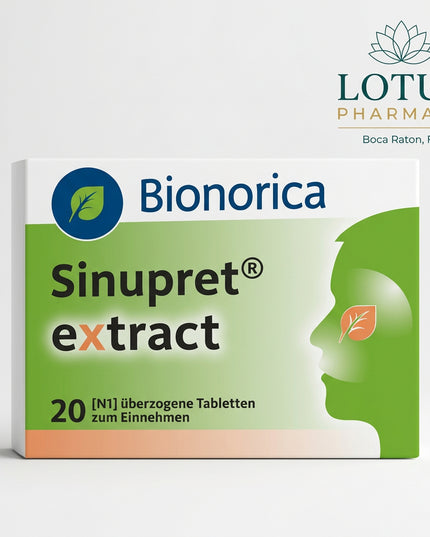 Sinupret® eXtract is a German herbal medicine used for acute, uncomplicated inflammation of the paranasal sinuses (acute rhinosinusitis) with symptoms such as a stuffy or runny nose, sinus pressure, headache, and facial pain or pressure.

It contains a concentrated dry extract from five medicinal plants: gentian root, primrose flowers, sorrel herb, elder flowers, and verbena herb. The extract formulation is designed for adults and adolescents 12 years and older.