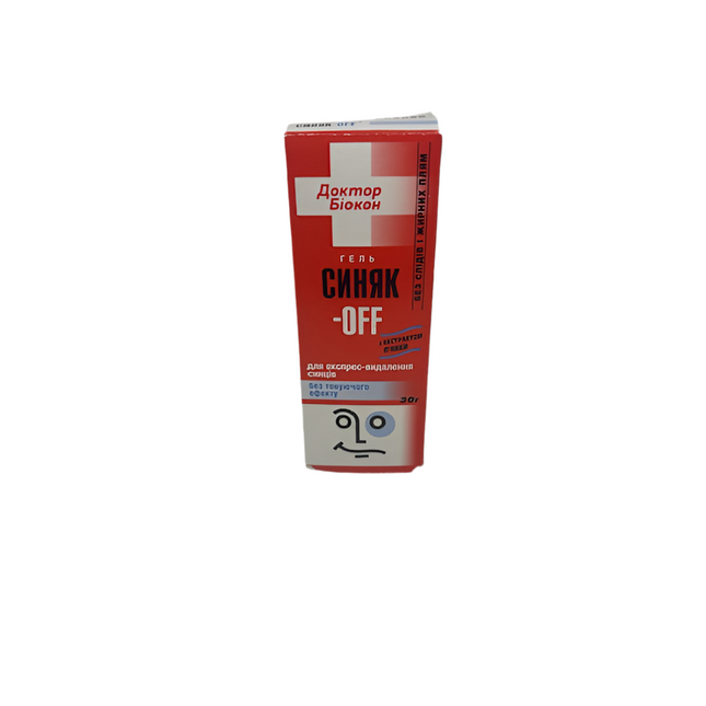 Red and white tube labeled 'Синяк-Off' on a white background