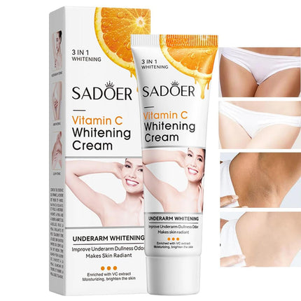 Sadoer Vitamin C Whitening Cream packaging with images of a woman and before-and-after effects.