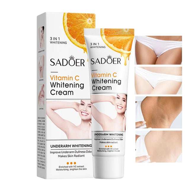 Sadoer Vitamin C Whitening Cream packaging with images of a woman and before-and-after effects.