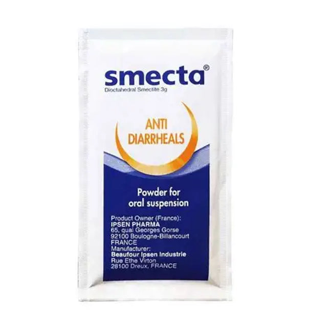 Smecta anti-diarrheals powder packaging on a white background