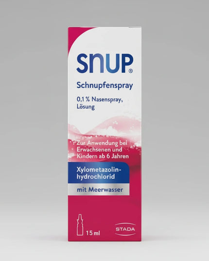 Snup® Nasal Spray 0.1% is a fast-acting nasal decongestant formulated to relieve&nbsp;runny nose and nasal congestion caused by colds or allergies. It combines xylometazoline with Icelandic sea water to reduce swelling of the nasal mucosa while gently supporting natural moisture balance.