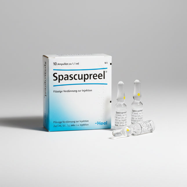 Spascupreel® Ampoules is a homeopathic injectable medicine from Heel developed to support the temporary relief of smooth muscle spasms affecting the gastrointestinal, biliary, urinary, and reproductive systems, as well as general muscle spasms. It contains a combination of homeopathic botanical and mineral ingredients traditionally used to help relieve cramping and muscular tension.