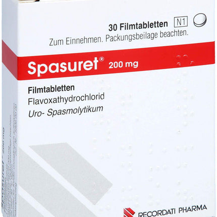 Box of Spasuret 200 mg tablets with Recordati Pharma branding