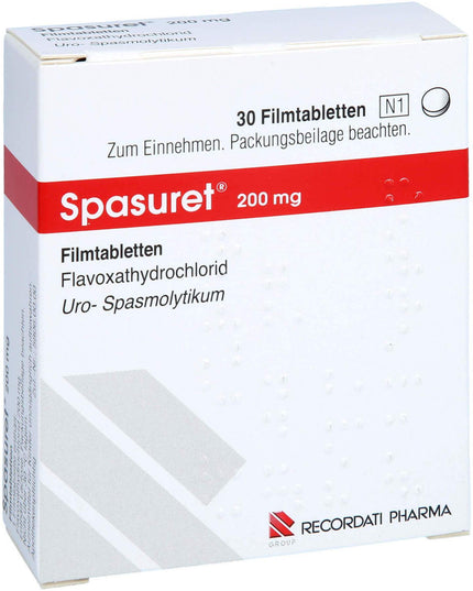 Box of Spasuret 200 mg tablets with Recordati Pharma branding