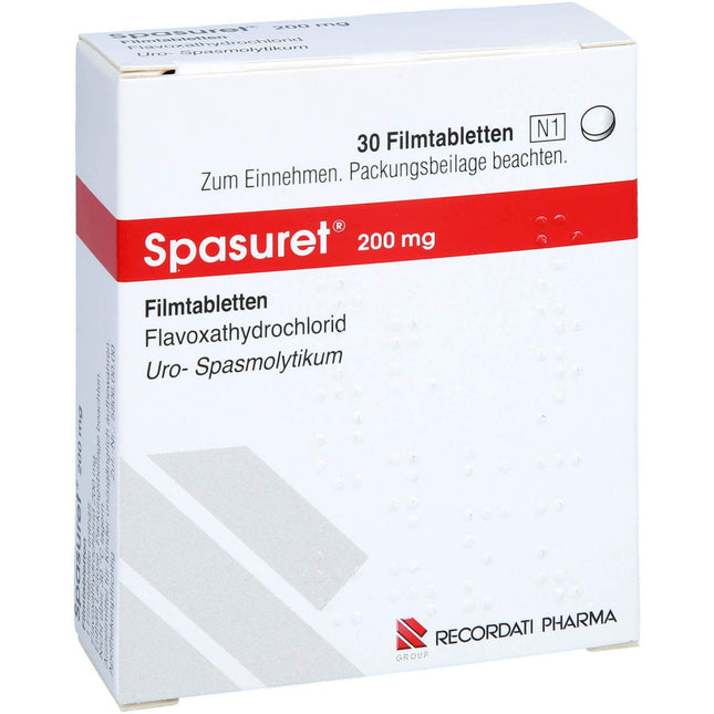 Box of Spasuret 200 mg tablets with Recordati Pharma branding