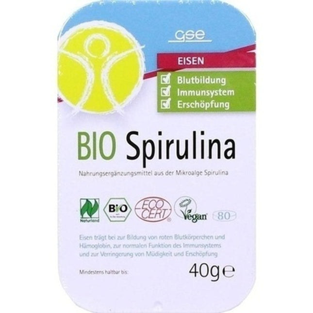 Spirulina supplement package with branding and product details on a white background