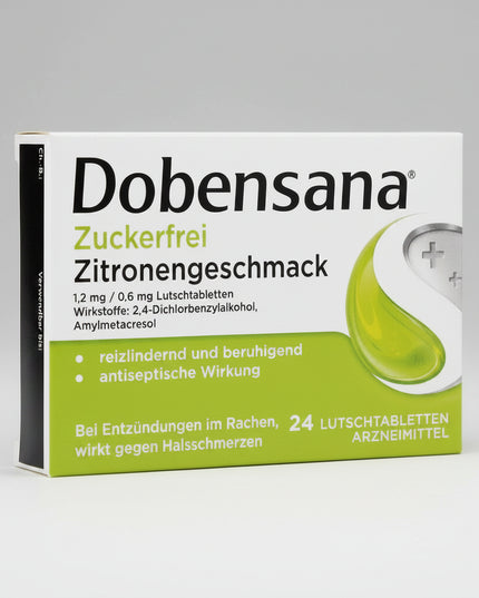 Strepsils / Dobensana Lozenges are antiseptic throat lozenges used for the supportive treatment of inflammation of the throat lining associated with sore throat, redness, and swelling.

Each lozenge contains two antiseptic active ingredients: 2,4-dichlorobenzyl alcohol 1.2 mg and amylmetacresol 0.6 mg. The combination acts locally in the mouth and throat and is commonly used at the first signs of a sore or scratchy throat.