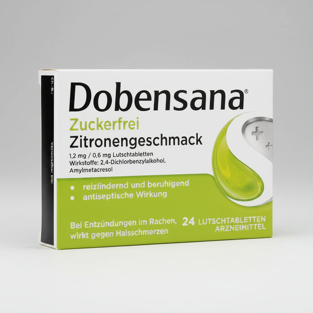 Strepsils / Dobensana Lozenges are antiseptic throat lozenges used for the supportive treatment of inflammation of the throat lining associated with sore throat, redness, and swelling.

Each lozenge contains two antiseptic active ingredients: 2,4-dichlorobenzyl alcohol 1.2 mg and amylmetacresol 0.6 mg. The combination acts locally in the mouth and throat and is commonly used at the first signs of a sore or scratchy throat.