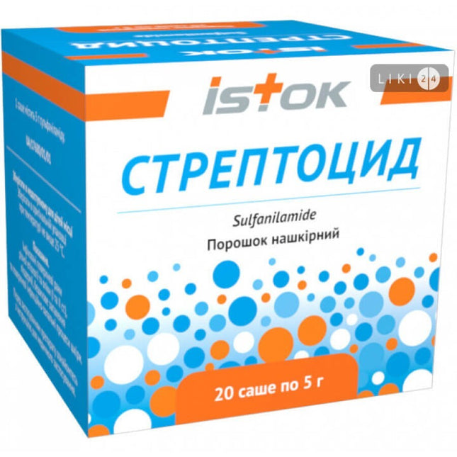 Streptocide packaging with blue, orange, and white design