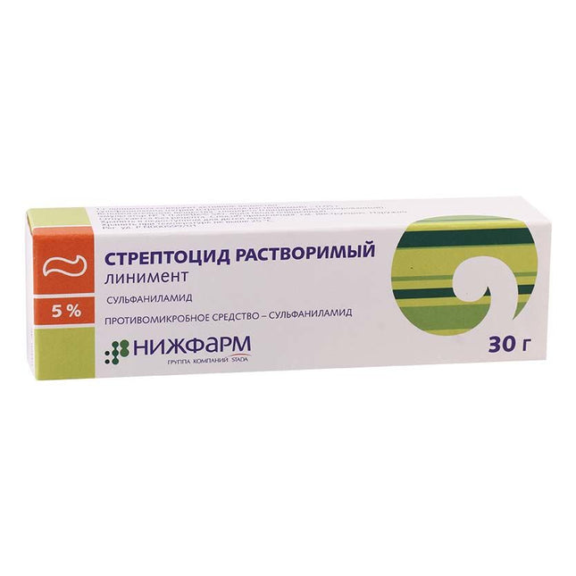 Streptocide Dispersing Ointment 5% – 30 g (Стрептоцид Диспергирующая Мазь 5%)

Streptocide Dispersing Ointment 5% is a topical antibacterial treatment formulated to help manage minor skin infections and superficial wounds. Its 5% active concentration works by inhibiting bacterial growth, supporting faster healing while helping reduce local inflammation.