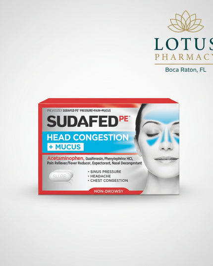Sudafed PE Head Congestion + Mucus is a non-drowsy multi-symptom cold and congestion relief medicine formulated to help relieve sinus pressure, headache, nasal congestion, chest congestion, and mucus buildup. The combination of acetaminophen, guaifenesin, and phenylephrine is designed to address pain, loosen mucus, and temporarily reduce nasal congestion.
