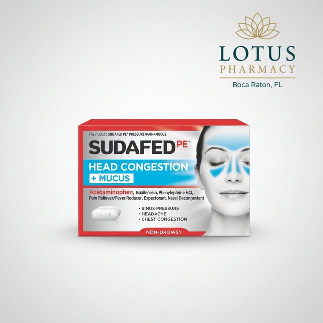 Sudafed PE Head Congestion + Mucus is a non-drowsy multi-symptom cold and congestion relief medicine formulated to help relieve sinus pressure, headache, nasal congestion, chest congestion, and mucus buildup. The combination of acetaminophen, guaifenesin, and phenylephrine is designed to address pain, loosen mucus, and temporarily reduce nasal congestion.