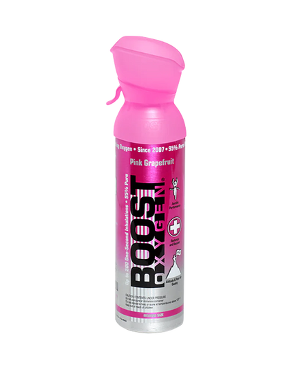 Boost Oxygen BALANCE Pink Grapefruit is a portable canister of 95% pure supplemental oxygen infused with a light pink grapefruit aroma. The Medium 5-liter size provides up to approximately 100 one-second inhalations and is designed for convenient, non-medical supplemental oxygen use at home, during travel, exercise, outdoor activities, or at altitude.
The canister is lightweight, recyclable, and contains no chemical propellants. Boost Oxygen identifies the Pink Grapefruit version as part of its BALANCE arom