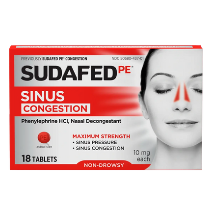 Sudafed PE Sinus Congestion Maximum Strength – 18 Tablets