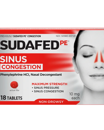 Sudafed PE Sinus Congestion Maximum Strength – 18 Tablets