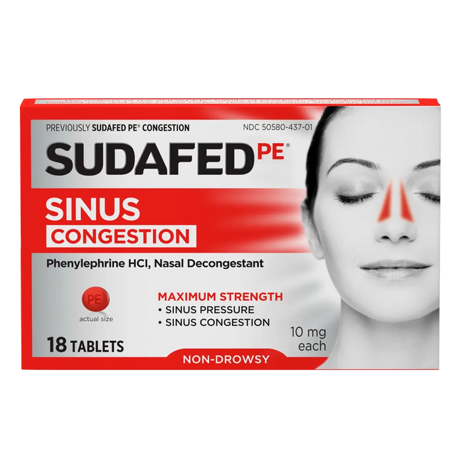 Sudafed PE Sinus Congestion Maximum Strength – 18 Tablets