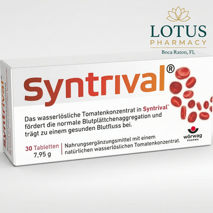 Syntrival® is a German dietary supplement containing a natural water-soluble tomato concentrate designed to support normal platelet aggregation and healthy blood flow. It is especially suited for adults who spend long periods sitting or who want additional nutritional support for normal circulation.

Each tablet provides 150 mg of concentrated tomato extract. The formula is vegan, lactose-free, and gluten-free and is designed for convenient once-daily use.