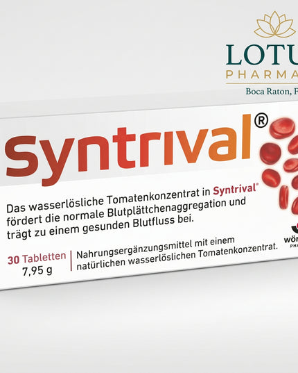 Syntrival® is a German dietary supplement containing a natural water-soluble tomato concentrate designed to support normal platelet aggregation and healthy blood flow. It is especially suited for adults who spend long periods sitting or who want additional nutritional support for normal circulation.

Each tablet provides 150 mg of concentrated tomato extract. The formula is vegan, lactose-free, and gluten-free and is designed for convenient once-daily use.