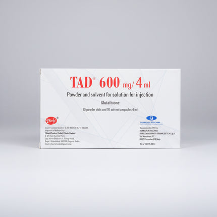 TAD® 600 is an Italian pharmaceutical-grade injectable glutathione preparation containing 600 mg of reduced glutathione per vial. It is supplied as a lyophilized powder together with a 4 mL sterile water diluent for reconstitution immediately before use. TAD® is intended for intravenous (IV) or intramuscular (IM) administration under medical supervision.

Glutathione is one of the body's primary endogenous antioxidants and plays an important role in cellular detoxification processes, protection against oxid