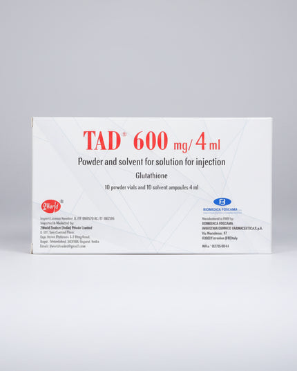 TAD® 600 is an Italian pharmaceutical-grade injectable glutathione preparation containing 600 mg of reduced glutathione per vial. It is supplied as a lyophilized powder together with a 4 mL sterile water diluent for reconstitution immediately before use. TAD® is intended for intravenous (IV) or intramuscular (IM) administration under medical supervision.

Glutathione is one of the body's primary endogenous antioxidants and plays an important role in cellular detoxification processes, protection against oxid