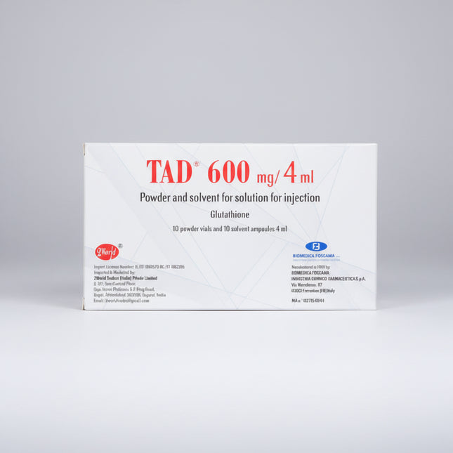 TAD® 600 is an Italian pharmaceutical-grade injectable glutathione preparation containing 600 mg of reduced glutathione per vial. It is supplied as a lyophilized powder together with a 4 mL sterile water diluent for reconstitution immediately before use. TAD® is intended for intravenous (IV) or intramuscular (IM) administration under medical supervision.

Glutathione is one of the body's primary endogenous antioxidants and plays an important role in cellular detoxification processes, protection against oxid