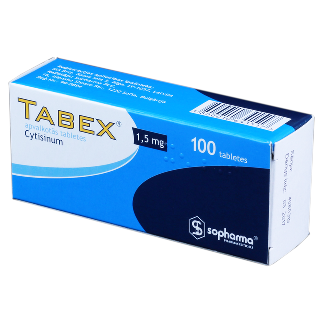 Box of Tabex Cytisinum tablets with Sopharma logo on a white background