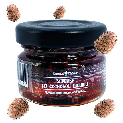 Taiga Cache Pine Cone Preserve Mini is a traditional Siberian delicacy made from young pine cones preserved in sweet syrup. Known in Russian as варенье из сосновых шишек, this distinctive preserve combines a rich forest aroma with a sweet, resinous, slightly herbal flavor.