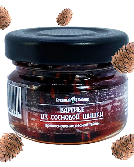 Taiga Cache Pine Cone Preserve Mini is a traditional Siberian delicacy made from young pine cones preserved in sweet syrup. Known in Russian as варенье из сосновых шишек, this distinctive preserve combines a rich forest aroma with a sweet, resinous, slightly herbal flavor.