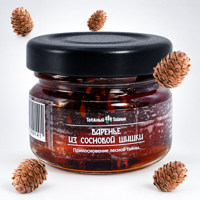 Taiga Cache Pine Cone Preserve Mini is a traditional Siberian delicacy made from young pine cones preserved in sweet syrup. Known in Russian as варенье из сосновых шишек, this distinctive preserve combines a rich forest aroma with a sweet, resinous, slightly herbal flavor.