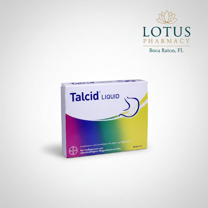 Talcid Liquid is a German antacid medicine containing hydrotalcite 1000 mg per sachet. It is used for the symptomatic treatment of conditions associated with excess stomach acid, including heartburn, acid-related stomach discomfort, and gastric or duodenal ulcers.

Hydrotalcite works by binding and neutralizing excess gastric acid. Each sachet contains 10 mL of oral suspension, making the liquid format convenient for use at home or while traveling.