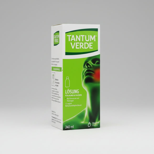 Tantum Verde Solution is a medicinal mouthwash and gargle designed to help relieve pain, irritation, and inflammation of the mouth and throat. Its active ingredient, benzydamine hydrochloride, is a locally acting non-steroidal anti-inflammatory drug (NSAID) that provides targeted relief of discomfort associated with sore throat, gingivitis, stomatitis, pharyngitis, and other inflammatory conditions of the oral cavity and throat