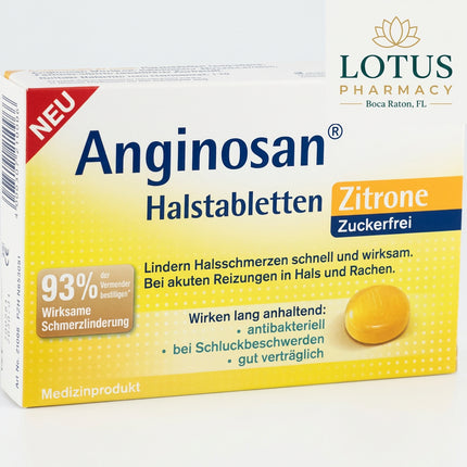 Tetesept Anginosan Lemon Sugar-Free Lozenges are a German medical device designed to provide fast, long-lasting relief for sore throat, hoarseness, swallowing discomfort, and acute irritation of the throat and pharynx. The formula contains hyaluronic acid, menthol, and a protective gel-forming complex that helps coat and moisturize irritated mucous membranes.