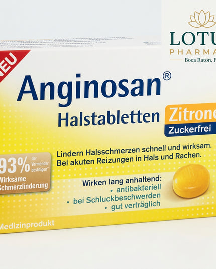 Tetesept Anginosan Lemon Sugar-Free Lozenges are a German medical device designed to provide fast, long-lasting relief for sore throat, hoarseness, swallowing discomfort, and acute irritation of the throat and pharynx. The formula contains hyaluronic acid, menthol, and a protective gel-forming complex that helps coat and moisturize irritated mucous membranes.